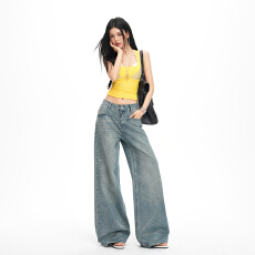 批发复古辣妹高腰阔腿牛仔裤女春<b class='q'>秋</b>新款宽松显瘦百搭垂感拖地长裤子潮