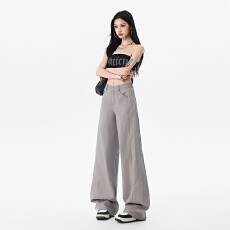 批发白色春夏高腰阔腿2026春夏牛仔裤女复古拼接新款宽松显瘦直筒裤