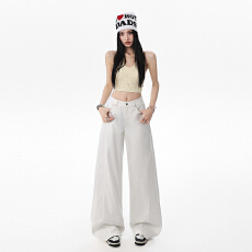 批发白色春夏高腰阔腿2026春夏牛仔裤女复古拼接新款宽松显瘦直筒裤