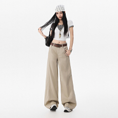 批发白色春夏高腰阔腿2026春夏牛仔裤女复古拼接新款宽松显瘦直筒裤