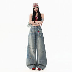 批发春夏高街美式百搭显瘦复古怀旧宽松阔腿直筒拖地牛仔裤女