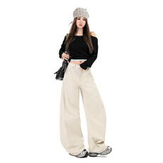 批发卡其色弯刀牛仔裤女春夏阔腿工装裤松弛感拖地休闲裤