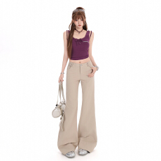 批发实拍 卡其色微喇女不贴腿新款修身百搭直筒喇叭裤子