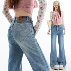 批发弹力复古高腰微喇牛仔裤女刺绣显瘦喇叭阔腿拖地裤2026新款