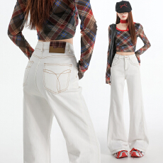 批发弹力复古高腰微喇牛仔裤女刺绣显瘦喇叭阔腿拖地裤2026新款