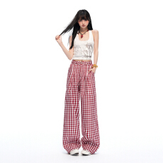批发撞色格子<b class='q'>裤</b>女夏季<b class='q'>韩版</b>网红直筒<b class='q'>裤</b>高腰显瘦拖地<b class='q'>裤</b>小个子休闲阔腿