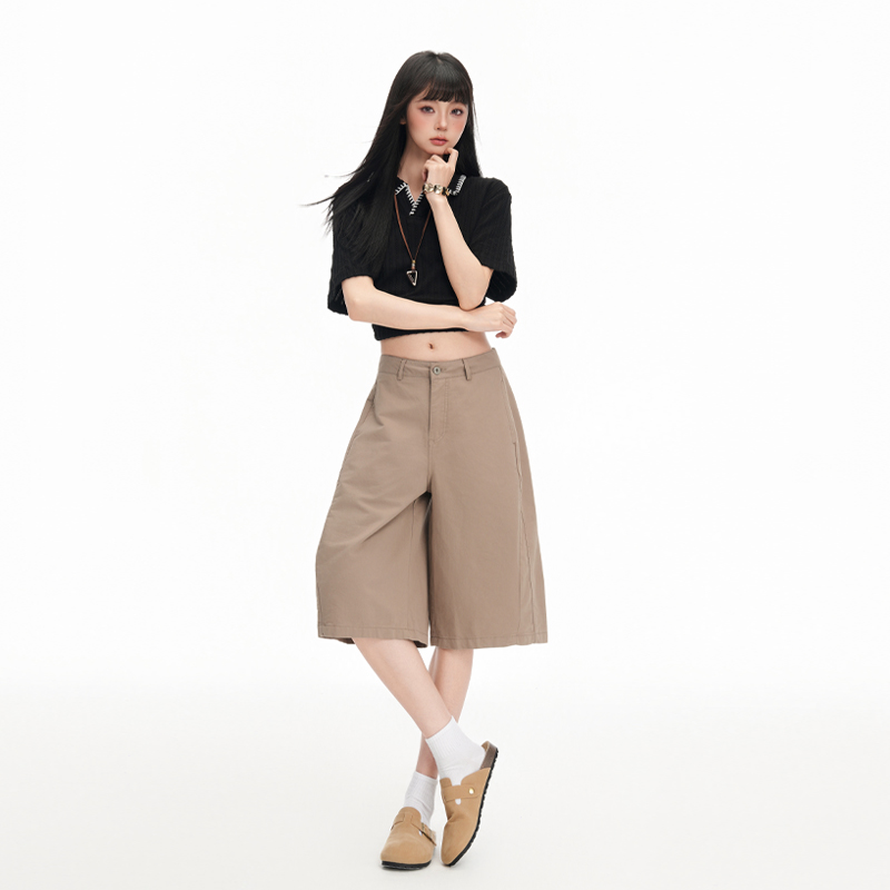 레트로 워크웨어 3 차원 자르기 정장 반바지 여성 얇은 스타일 하이웨이스트 한 마디 루즈핏 캐주얼 넓은 다리 오부 바지