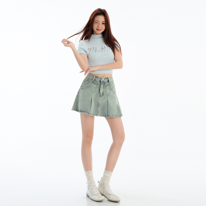 레트로 블루 봄 여름 새로운 패션 다용도 레트로 하이웨이스트 데님 플리츠 미니 스커트 여성
