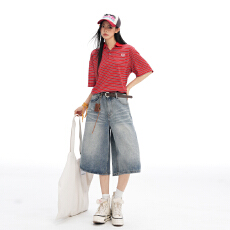 批发复古阔腿七分牛仔短裤女夏季新款<b class='q'>高腰</b>宽松显瘦百搭直筒中裤