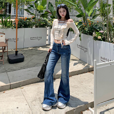 批发复古松绿石蓝色水洗辣妹bm低腰<b class='q'>弹力</b>阔腿直筒拖地牛仔<b class='q'>裤</b>长<b class='q'>裤</b>加长