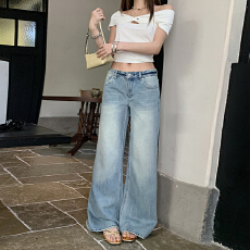 批发蓝色水洗牛仔裤女夏季宽松阔腿裤高腰拖地裤垂感直筒裤<b class='q'>长裤</b>裤