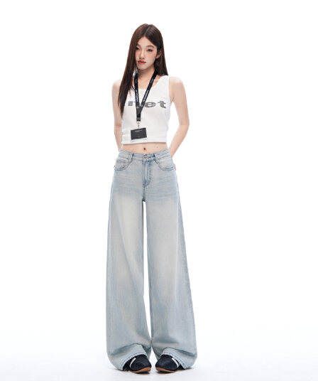 바다 소금 푸른 소 무거운 작업 워싱 꽃꽂이 청바지 여성 아메리칸 루즈핏 와이드 레그 팬츠 어린이