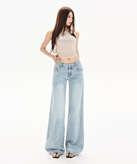 실사 아메리칸 레트로 밝은색 로우 웨이스트 와이드 허리 머리 디자인 핫걸 루즈핏 스트레이트 청바지 여성