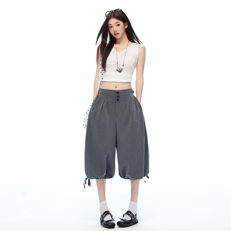 여름 새로운 7부 바지 주름 루즈핏 넓은 다리 꽃밭 바지 펌프 로프 조거 바지