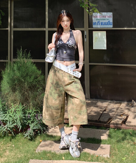 눈꽃 카모플라주 아메리칸 레트로 워크웨어 캐주얼 넓은 다리 7부 바지 여성 루즈핏 바지
