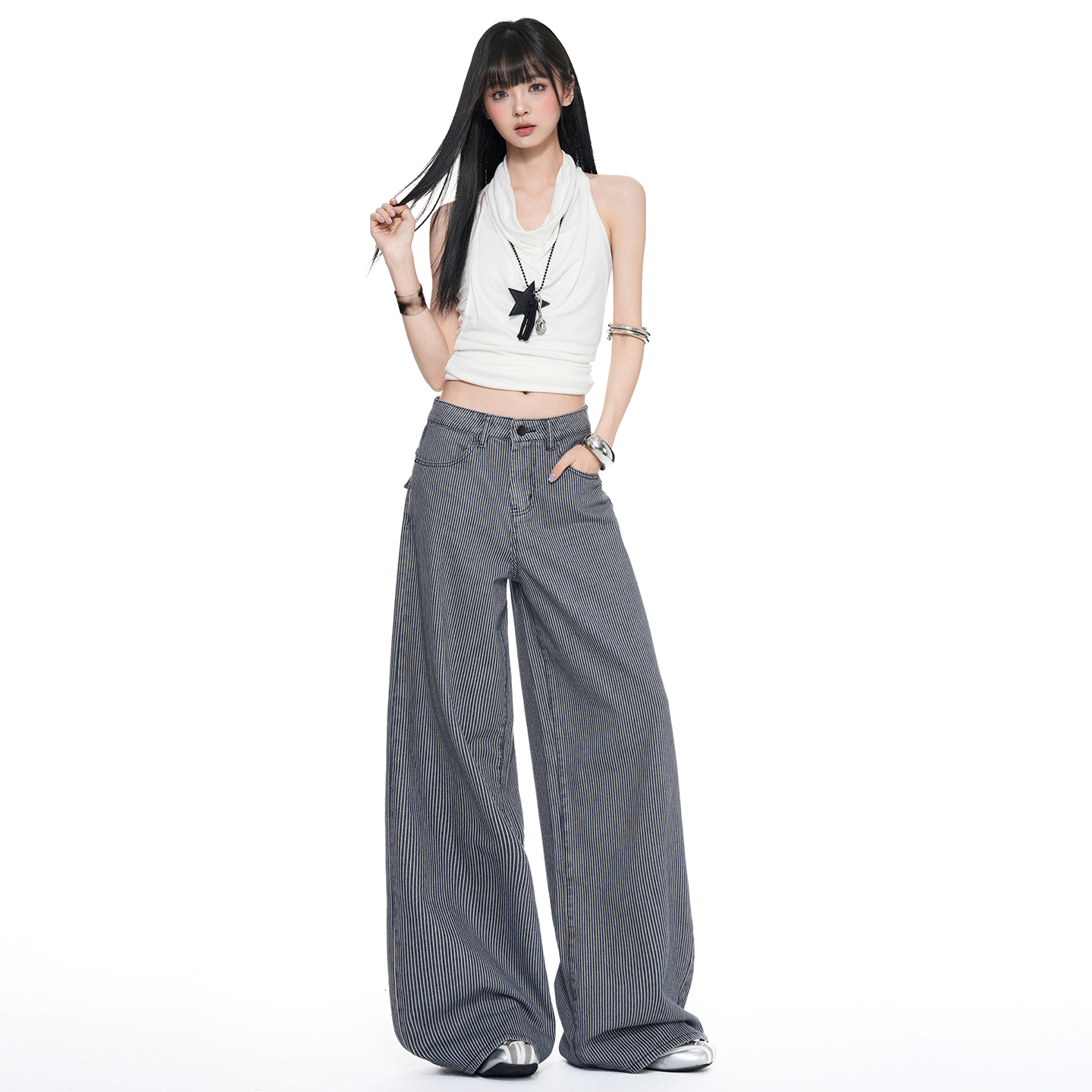 아메리칸 레트로 스트라이프 원단 루즈핏 스트레이트 넓은 다리 청바지 여성 스트라이프 블루 긴 바지 길이 연장