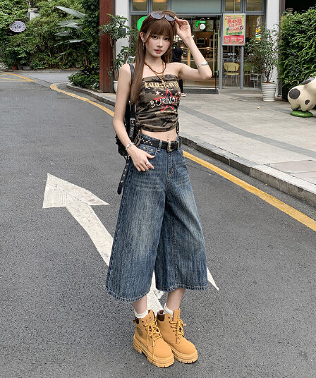 7 점 질감 청바지 루즈핏 프로필 모양 워싱 레트로 높음 거리 스트레이트 캐주얼 중 반바지 여성 여름