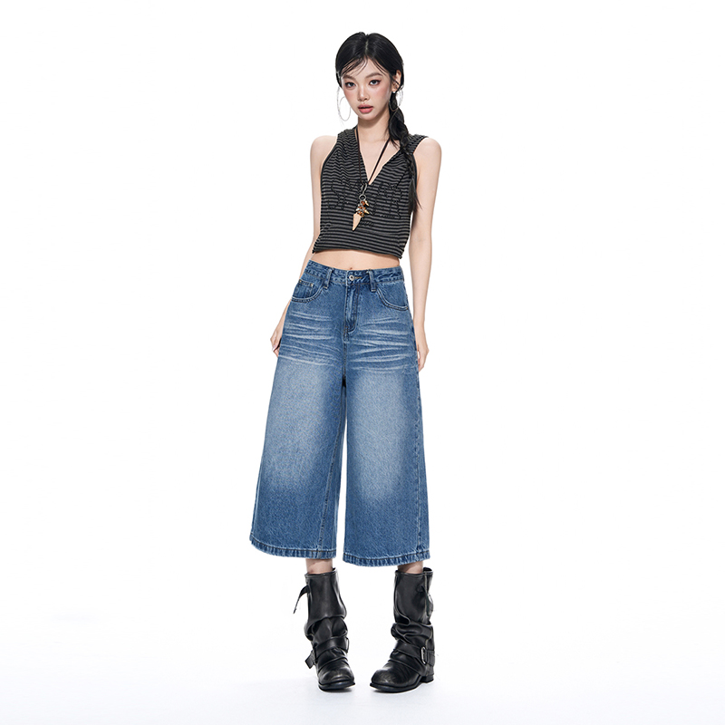 하늘색 주름 7 점 데님 반바지 여성 여름 새로운 워싱 루즈핏 스트레이트 넓은 다리
