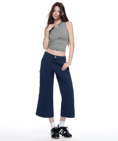 스트레이트 8 점 바지 육군 녹색 2026 가을 한국 스타일 넓은 다리 루즈핏 슬림해 보이는 다용도 순면 청바지