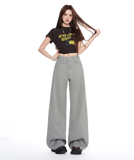이른 가을 회색 청바지 여성 하이 웨이스트 청바지 여성 2026 년 가을 새로운 루즈핏 슬림해 보이는 다용도 와이드 레그 팬츠