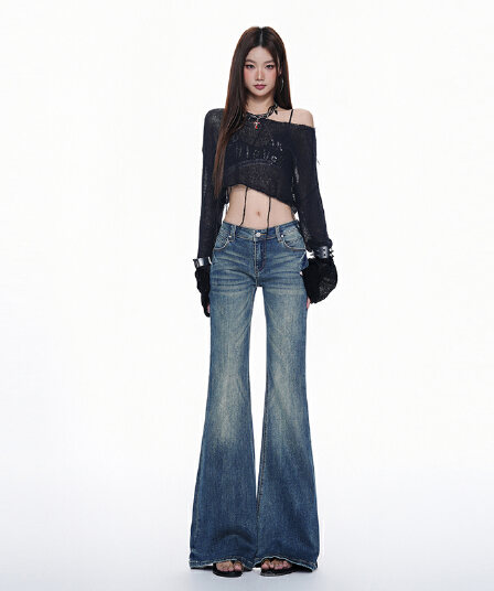 이른 가을 새로운 거리 핫걸 높음 거리 개성 부츠컷 청바지 여성 패션 나팔 바닥 청소 청바지 트렌디