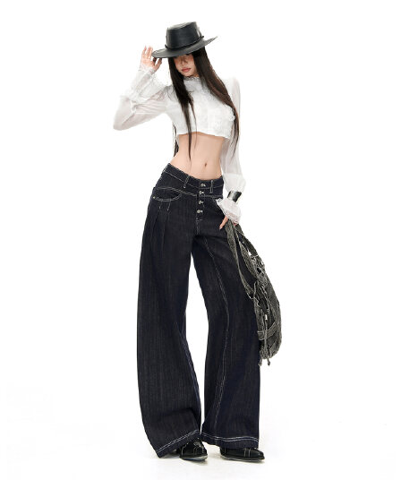 단추 모통이 칼 아메리칸 레트로 원색 청바지 여성 cleanfit 작은 대중 높음 거리 루즈핏 와이드 레그 팬츠