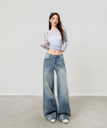 레트로 블루 대나무 마디 곡물 하이웨이스트 넓은 다리 청바지 여성 2026 년 가을 새로운 슬림해 보이는 바닥 청소 바지