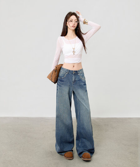 대나무 마디 블루 로우 웨이스트 징 공예 넓은 다리 청바지 여성