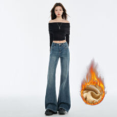 批发加绒加厚美式高腰修身微喇牛仔裤女2026<b class='q'>秋</b>冬季新款弹力微喇叭长裤