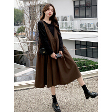 批发咖色假两件拼接中长款<b class='q'>连衣裙</b>秋季新款法式甜美气质百搭<b class='q'>孕妇</b>A<b class='q'>字</b>裙