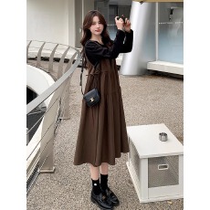 批发春季咖色假两件拼接中长款连衣裙新款法式甜美气质<b class='q'>百搭</b><b class='q'>孕妇</b>A<b class='q'>字</b>裙