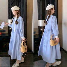 批发春季新款法式蓝色休闲条纹长裙泡泡袖温柔拚色<b class='q'>孕妇</b><b class='q'>连衣裙</b>