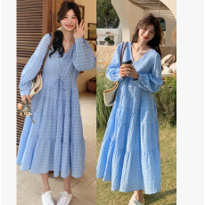批发春季新款蓝色浪漫别致法式长裙温柔风格子长袖<b class='q'>连衣裙</b><b class='q'>孕妇</b><b class='q'>裙子</b>