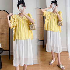 批发实拍夏季新款荷叶边薄款娃娃衫+托腹<b class='q'>半身裙</b>孕妇两件套