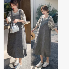 批发新款夏季条纹T恤背带<b class='q'>连衣裙</b>套装学院风显瘦爆款孕妇二件套装