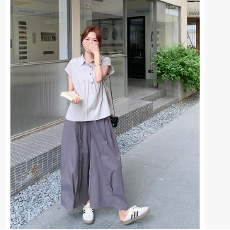 批发气质休闲短袖衬衫设计感阔腿裤<b class='q'>套装</b>夏季爆款宽松显瘦孕妇两件<b class='q'>套装</b>