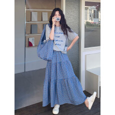 批发学院风<b class='q'>休闲</b>减龄短袖t恤十新款格子抽绳半身裙孕妇两件套