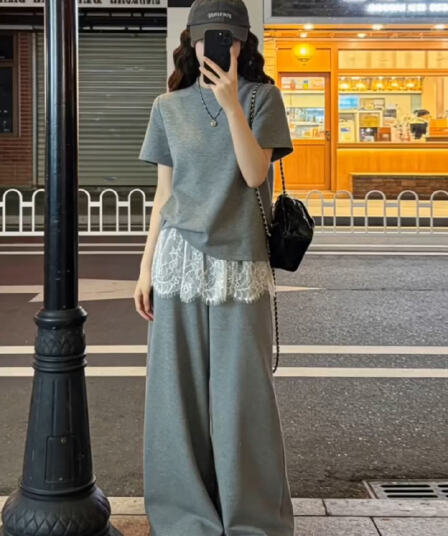 여름 신제품 루즈핏 반팔 맨위 레이스 랩스커트팬츠 와이드 레그 팬츠 임산부 투피스 슈트 로드 중