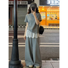 批发夏季新品宽松短袖上衣+蕾丝屁帘阔腿裤孕妇二件套装