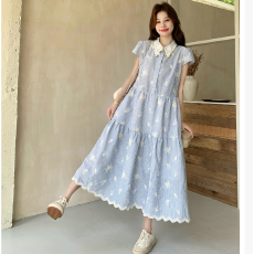 批发蓝色条纹法式蕾丝刺绣短袖连衣裙夏独特漂亮孕妇裙子