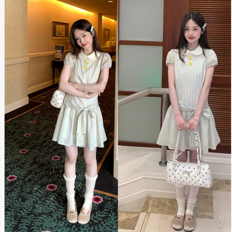여름 새로운 프랑스식 달콤한 스타일 베이비 칼라 레이스업 루즈핏 스트라이프 반팔 임산부 드레스