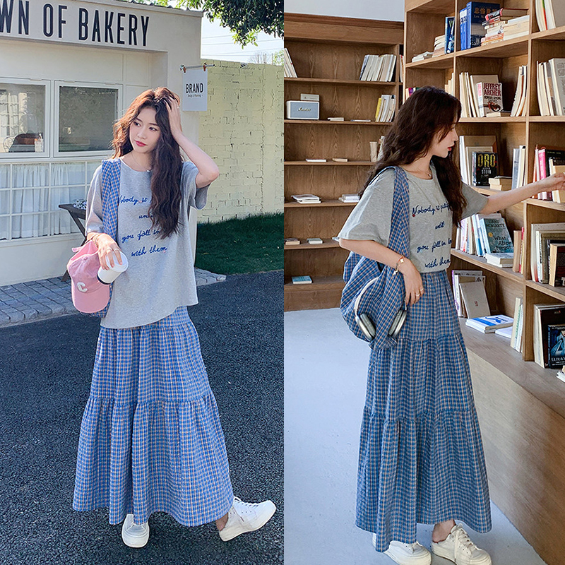 선물 물품 학원 스타일 캐주얼 연령 감소 반팔 티셔츠 10 새로운 체크무늬 펌프 로프 반신 스커트 임산부 투피스 세트
