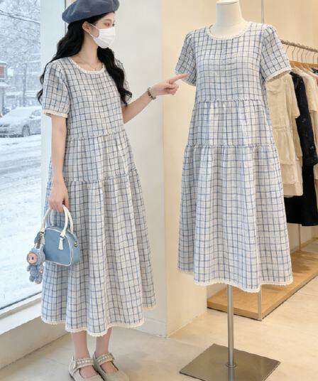 선물 물품 새로운 빅 사이즈 프랑스식 체크무늬 드레스 여름 레이스 패치워크 품격 패션 광장 칼라 임산부 치마