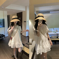 批发法式新款超好看白色<b class='q'>连衣裙</b>夏泡泡袖宽松蛋糕<b class='q'>孕妇</b><b class='q'>裙</b>