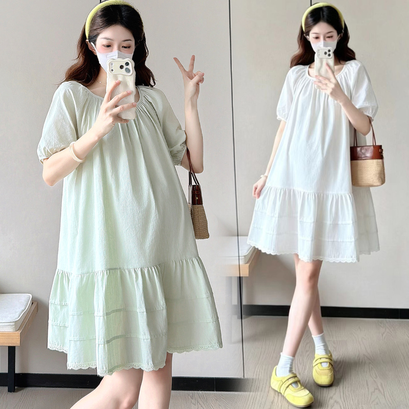 선물 물품 실사 프랑스식 새로운 슈퍼 잘 생긴 박하 녹색 드레스 여름 거품 소매 루즈핏 케이크 출산 스커트