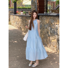 批发現货轻盈感蝴蝶结蓝色挂脖<b class='q'>纯色</b>烫金大摆孕妇<b class='q'>连衣裙</b>
