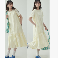 批发現货夏季新款法式浅黄色圆领<b class='q'>连衣裙</b>宽松气质孕妇长裙