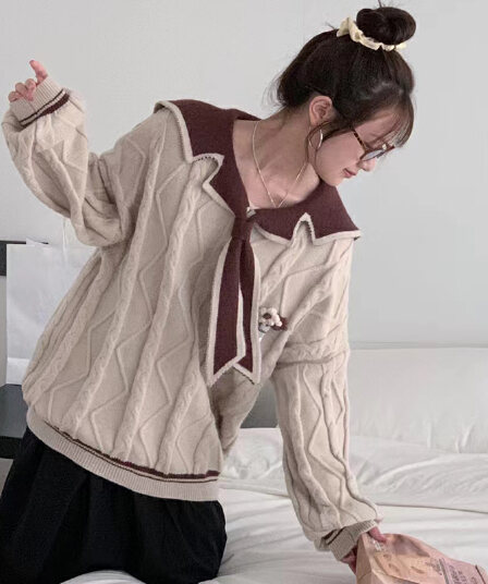 선물 물품 해군 칼라 꽈배기 스웨터 가을 겨울 새로운 느긋한 루즈핏 연령 감소 달콤함 니트 임산부 맨위