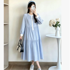 批发現秋季新款法式蓝色<b class='q'>休闲</b>条纹长裙泡泡袖温柔拚色孕妇连衣裙
