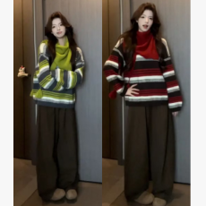 現货针织条纹配围巾毛衣外套搭配咖色阔腿裤潮流孕妇二件套装